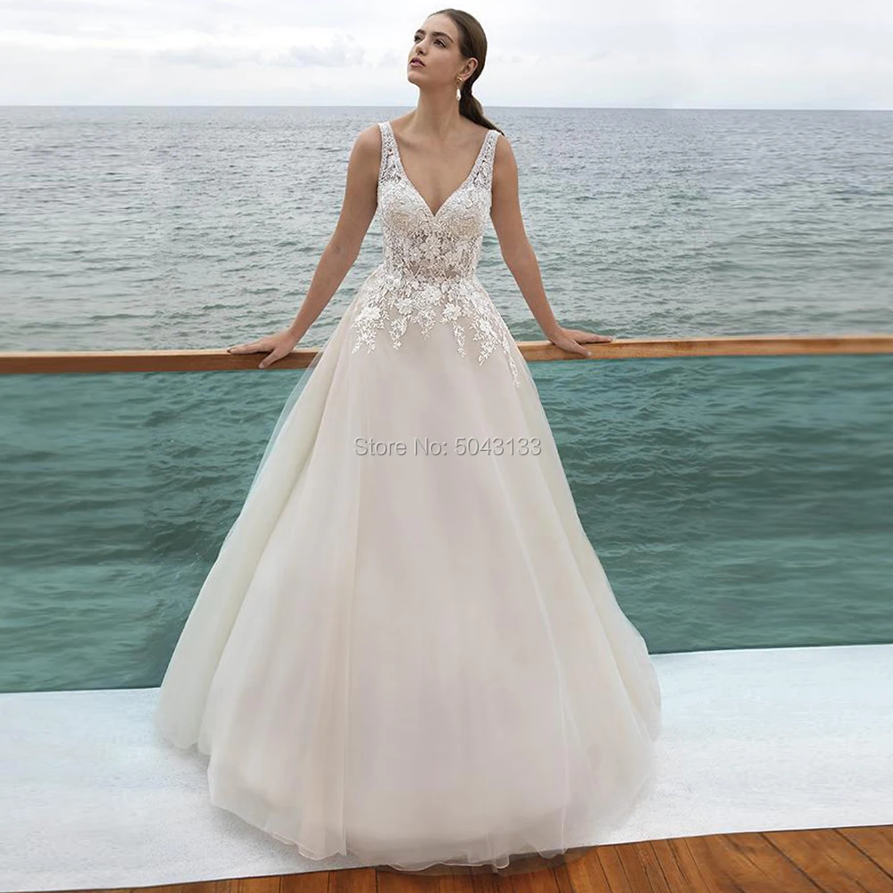 

Double V Neck Elegant Tulle Wedding Dresses 2019 A Line Off The Shoulder Backless Wedding Gowns Lace Appliques Bride Dress
