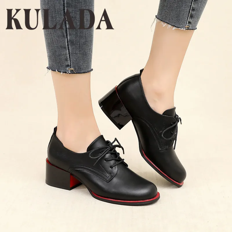 

KULADA New Women Pumps Shoes Thick Heel Shoes Women PU Leather Round Toe Pumps Fashion Ladies Lace-up Square Heel Shoes Female