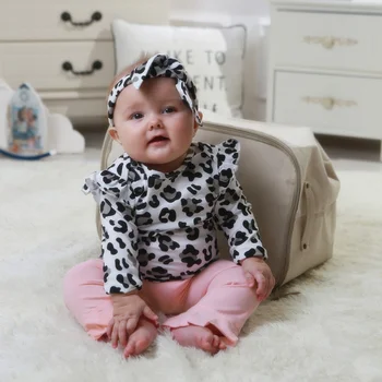 

Newborn Spring Autumn Casual Suit Baby Girl Leopard Printing Long Sleeve Top Pink Trousers Headband Three-piece Baby Cotton Set