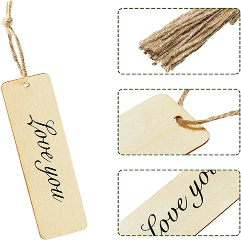 Wood Bookmark Bulk Blank Bookmarks with Ropes Wooden Book Markers Rectangle Thin Hanging Tag with Holes for DIY