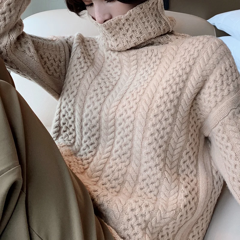 High collar100% pure wool sweater female autumn winter pile pile collar vintage twisted loose loose lazy wind sweater tide