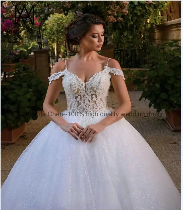 Brautkleid robe de mariage с открытыми плечами кружева аппликация прозрачный блеск свадебное платье