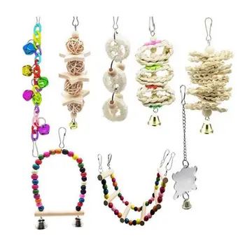 

8Pcs/Set Bird Parrot Chewing Toys Natural Wood Hanging Bell Pet Hammock Swing Climbing Ladders Perch Mirror for Conures Love Bir