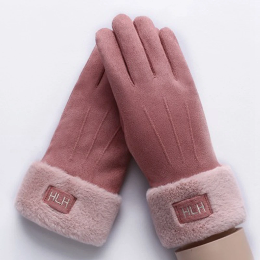 081B-pink HanXi зимние замшевые перчатки для женщин бархат Сенсорный экран полный палец перчатки элегантные леди варежки спорт - Цвет: 081B-pink