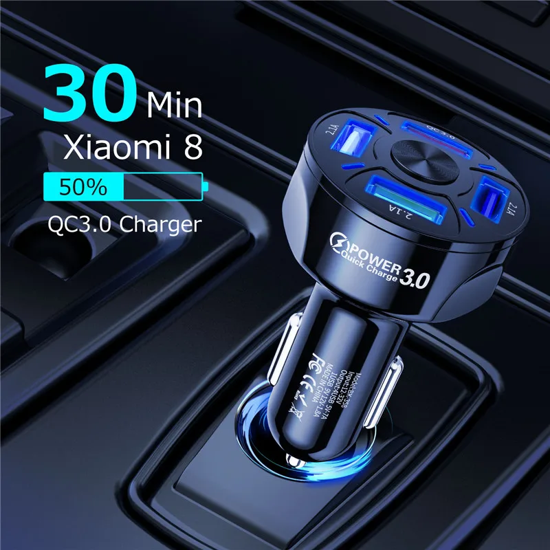 USLION 4 USB Ports Car Charger Quick Car Charger Fast Charging QC3.0 Mobile Phone Charger in Car For iPhone Xiaomi Poco Samsung