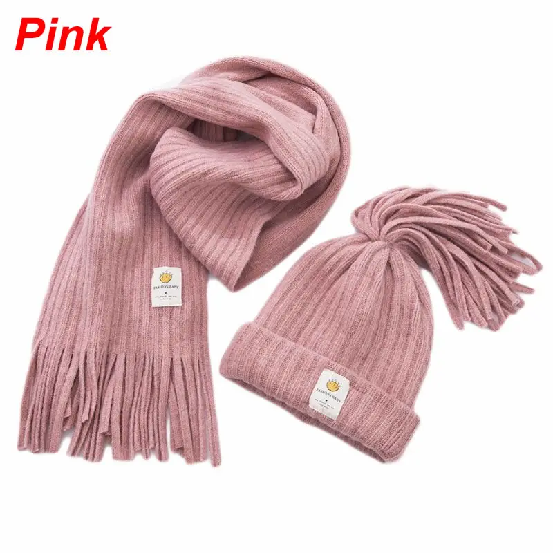 Pink Детский зимний комплект из шапки и шарфа; комплект из шапки и шарфа с бахромой для маленьких детей; вязаная шапка для мальчиков и девочек; теплые зимние шапки и шарфы - Цвет: Pink