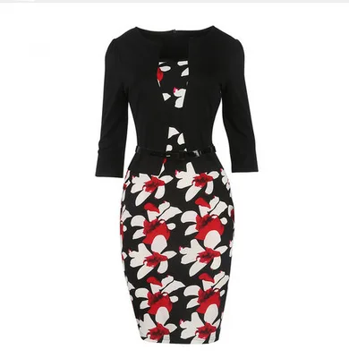 Black 7 sleeve Женское осеннее платье, цельное, в стиле пэчворк, цветочный принт, элегантное, для бизнеса, вечеринки, Формальное, для офиса, плюс размер, облегающее, облегающее, для работы, платья - Цвет: Black 7 sleeve