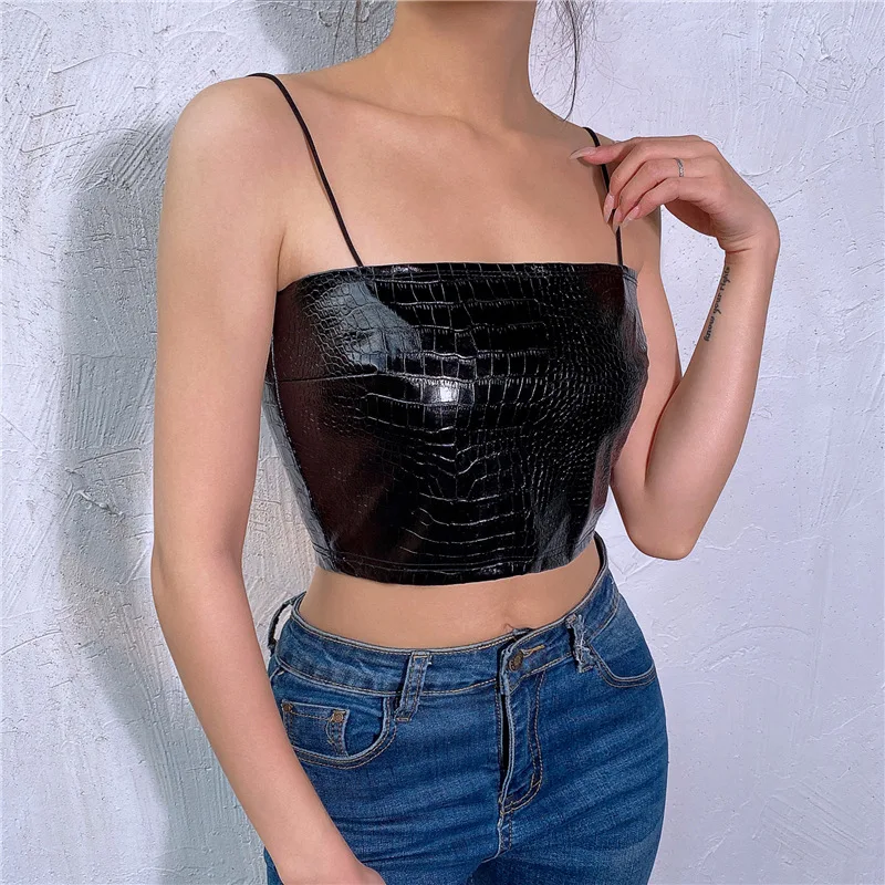 Арцу искусственная кожа PU Спагетти ремень Cami Top Tee Harajuku черный с открытой спиной укороченный Топ для женщин без Рукавов Летняя уличная одежда ASVE20957