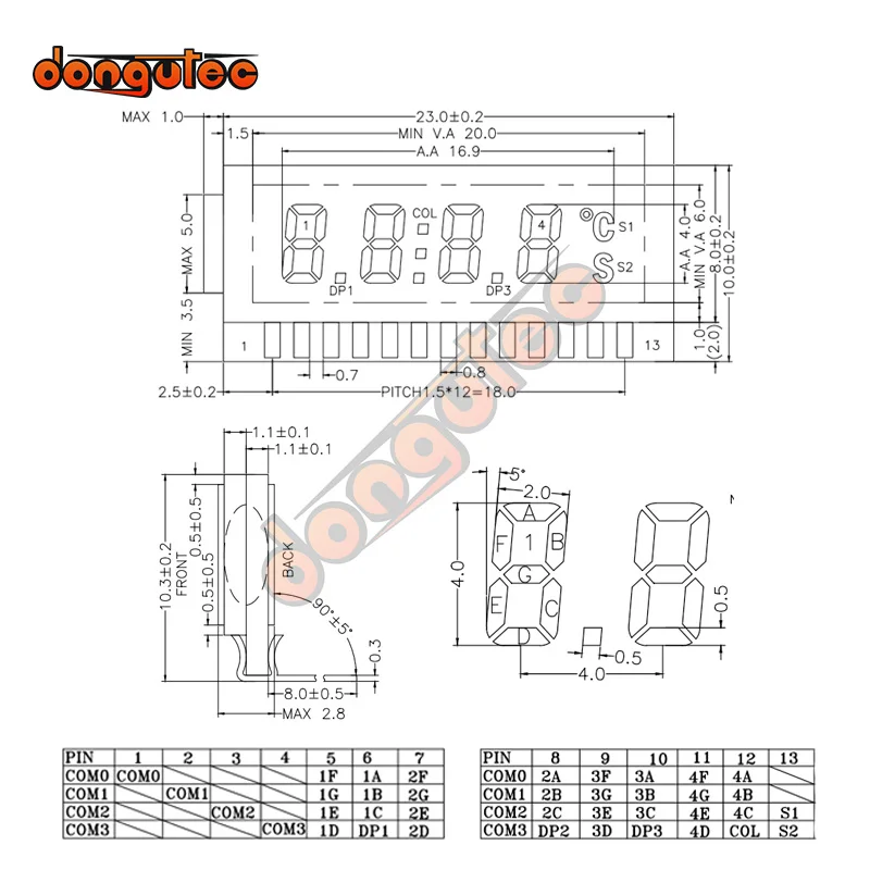 13PIN TN Positive 4-Digits Segment LCD Panel 2.5V