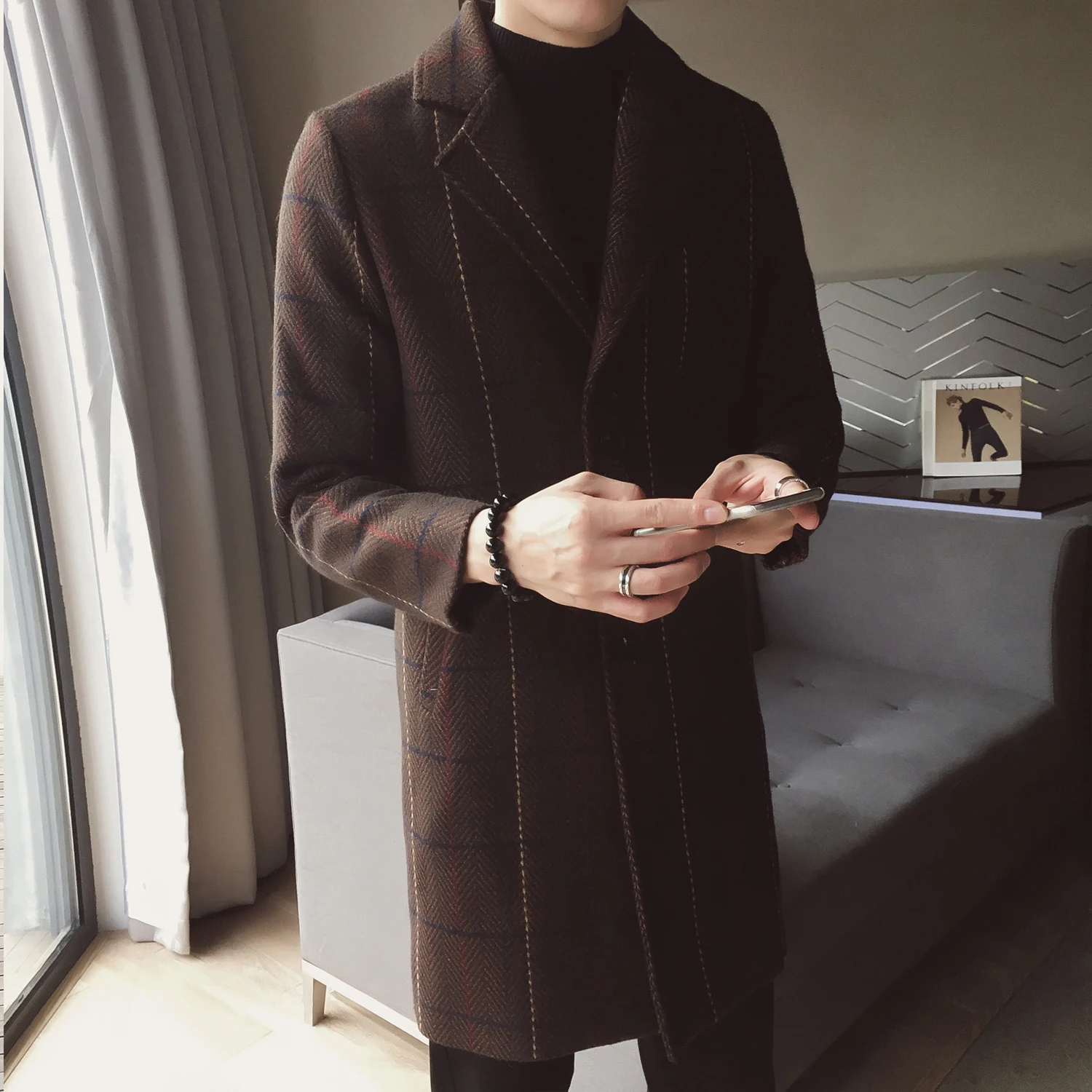 Мужское зимнее шерстяное пальто в клетку Корейская приталенная длинная