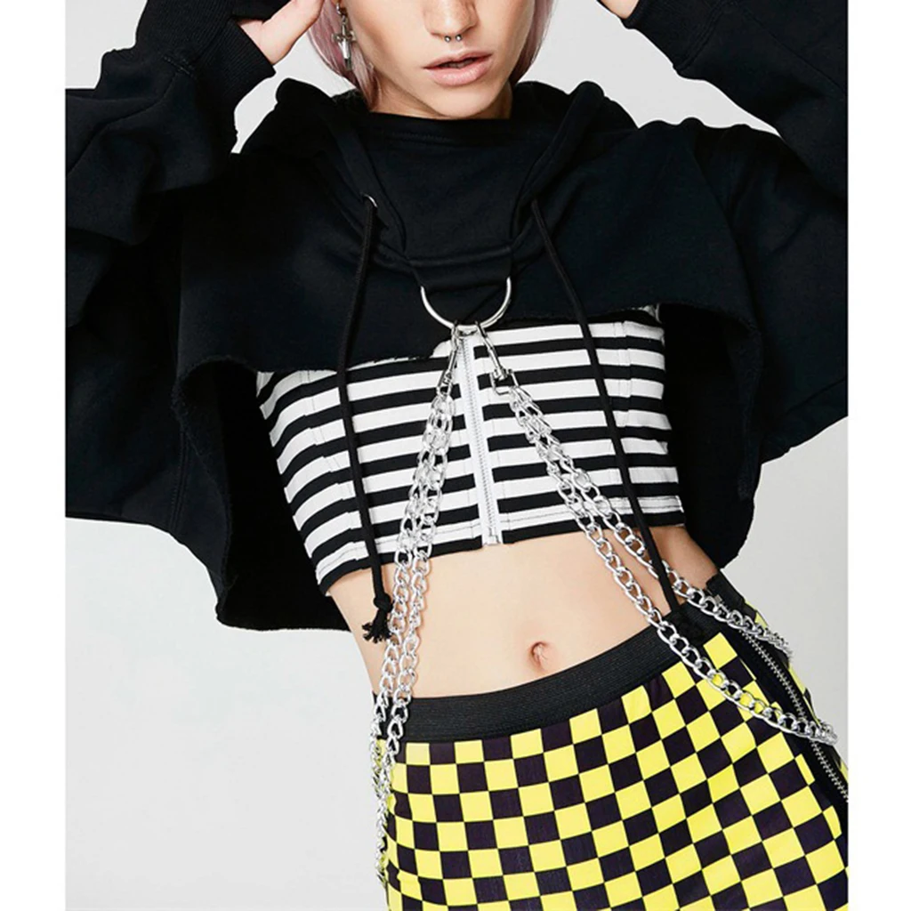 Women Fashion Long Sleeve Pullover Hoodie Crop Top Metal Chain Sweatshirt Women Pullover Hoodie with Alloy Chain