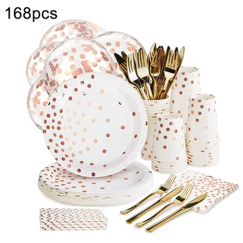 

168PCS Rose Gold Paper Plates Disposable Dinnerware Set Napkins Cups Forks Knives Balloons Birthday Wedding Party Baby Shower