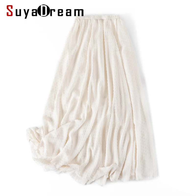 Женская шелковая юбка 100% натуральный шелк креп вышивка в горошек белая а-силуэт