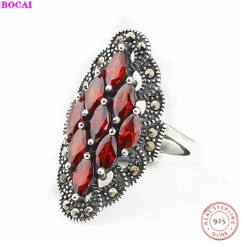 

BOCAI New S925 Sterling Silver Ring women's retro fashion repair finger pomegranate red zirconium diamond Thai silver ring