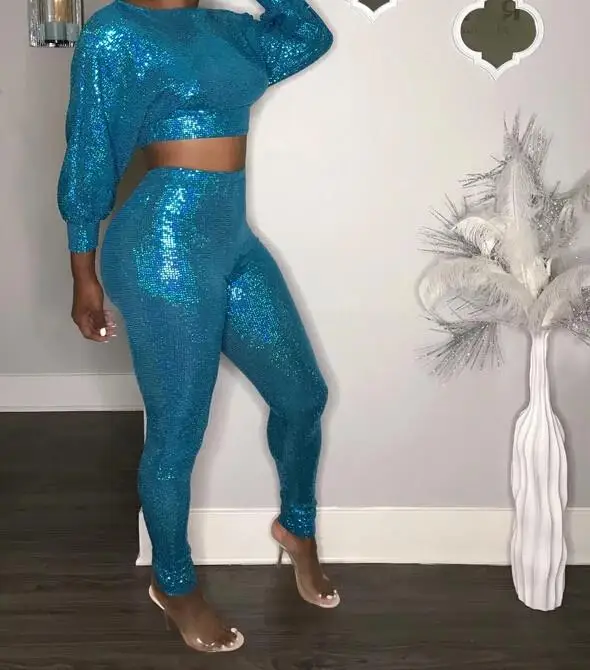 

Women Sequined Sexy Two Piece Set Long Sleeve O Neck Short Crop Top And Pants Suit O-Neck 2 Piece Outfits