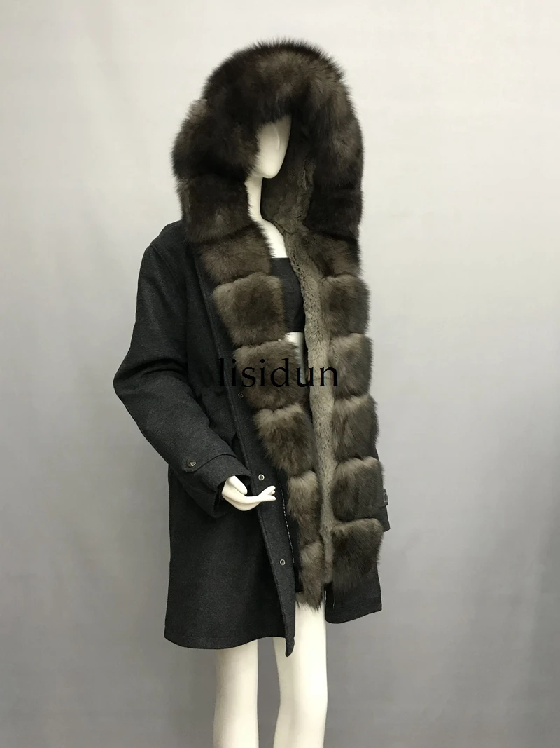 LISIDUN настоящая меховая Парка женская зимняя куртка натуральный Серебряный лисий мех пальто с капюшоном настоящая подкладка из кроличьего меха куртка женская шуба