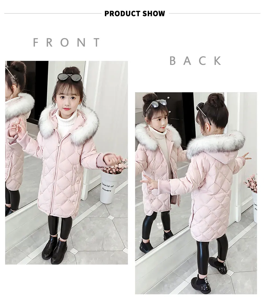 Пальто для девочек модное пальто для девочек с капюшоном и меховым воротником, пуховики для девочек зимняя плотная теплая детская одежда для девочек