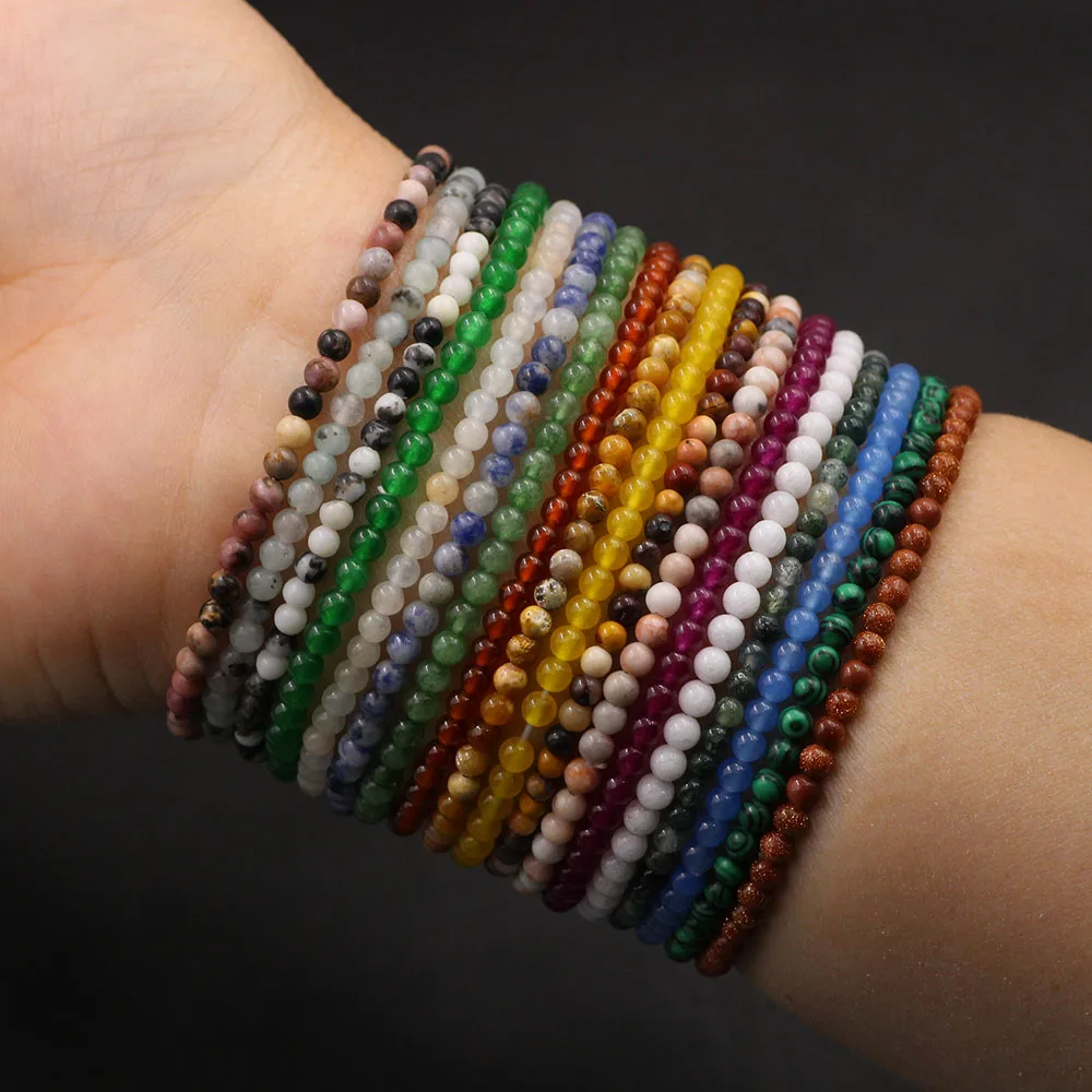 Stone Bead Bracelet Natural Stone Bracelet Beaded Bracelet 3mm Chakra Beads Energy Bracelet Natural Round Yoga Bracelet Agates Onyx Stone Stretch Bangles for Women Jewelry Gifts