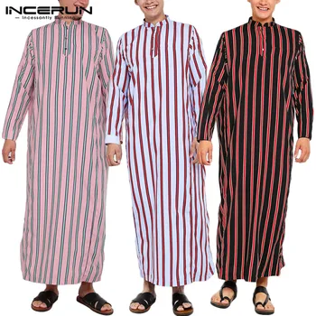 

INCERUN Striped Men Jubba Thobe Islamic Arabic Kaftan Long Sleeve Stand Collar Robes Fashion Middle East Mens Muslim Clothes 5XL