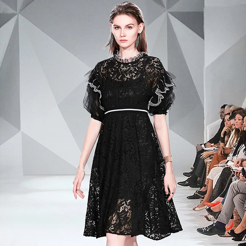 Trytree Summer Women Casual Dress O-neck Mesh Puff Sleeve Lace A-Line Dresses Elastic Waist Knee-Length High Street Solid Dress - Цвет: Black