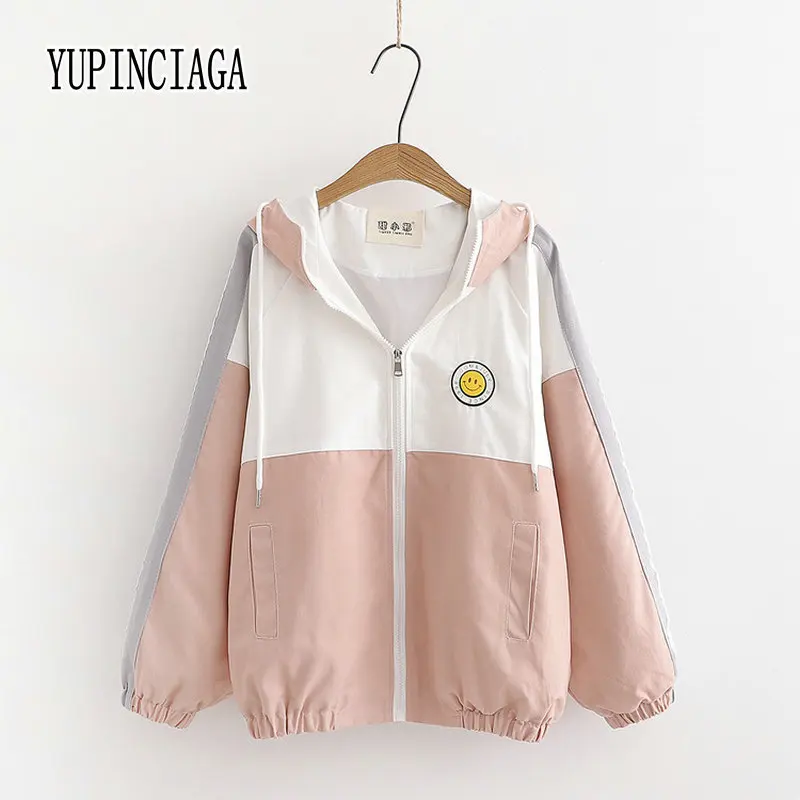 

YUPINCIAGA Japan Style Fresh College Style Stitching Smiley Hedging casual jacket Fashion Girl Hit Color Hoodies Outwear Top