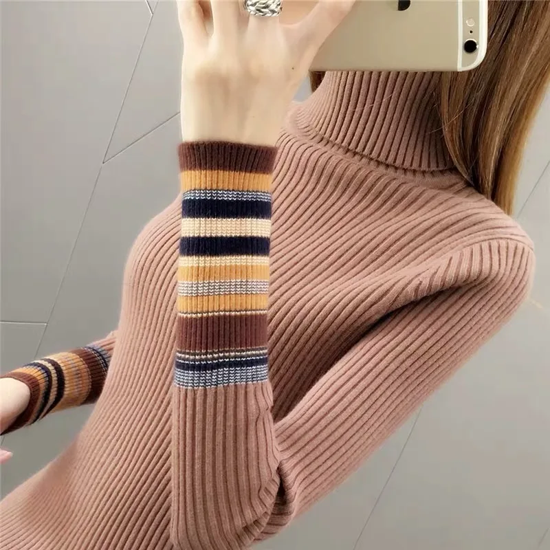Кашемировый свитер, Женский Повседневный шерстяной пуловер с длинными рукавами и высоким воротом, зимние женские вязаные топы - Цвет: Коричневый
