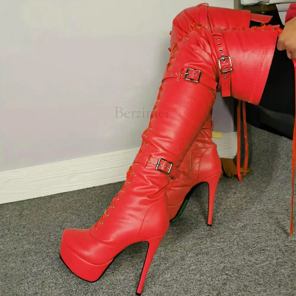 BERZIMER/женские сапоги до бедра на платформе; Мужская обувь для костюмированной вечеринки; обувь унисекс на каблуке; широкие из искусственной кожи; zapatos mujer; женская обувь; большие размеры - Цвет: LF179 Red