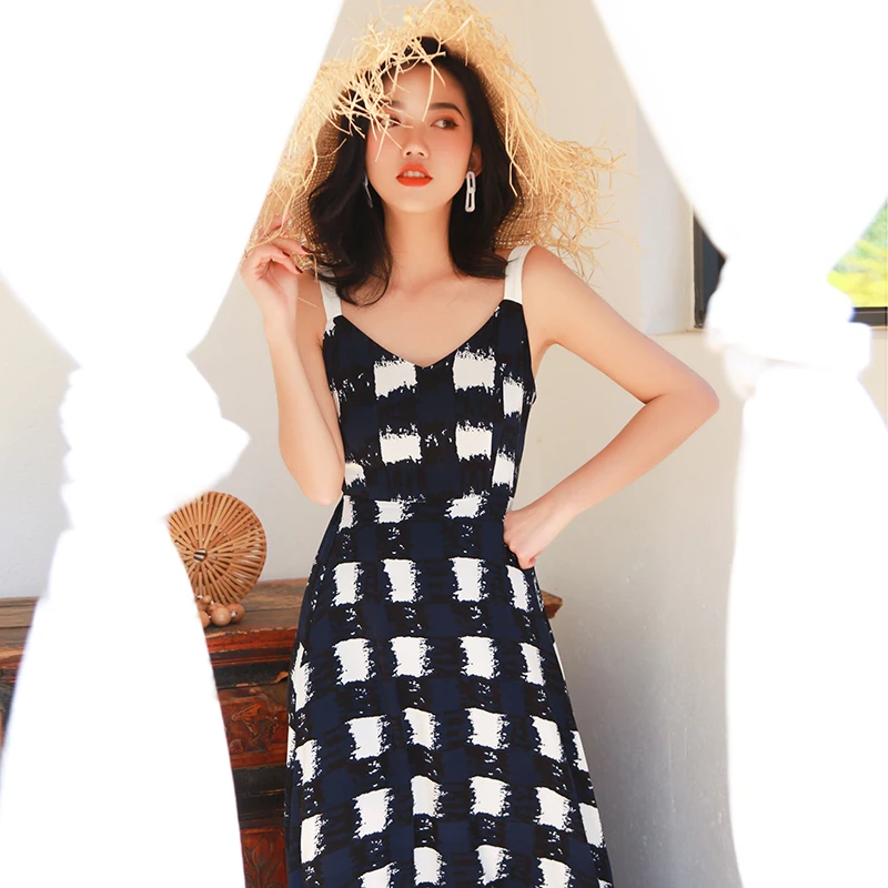 Женское пляжное платье в клетку винтажный подиумный Сарафан Макси на бретельках
