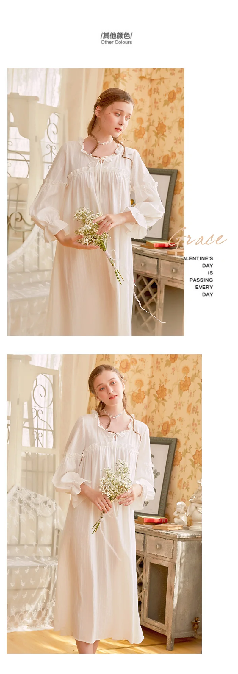 Womens Spring and Summer Sleeping Dress Princess Palace Vintage Night Gown Viscose Long Sleeves White Sleep Wear Sleepshirts