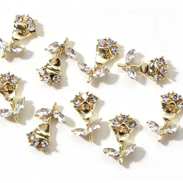 Gold Rose Alloy Rhinestone Nail Charms Valentine'S Day Limited Decor Luxury Pearl Diamond Design 3D Nail Art Accessories 1