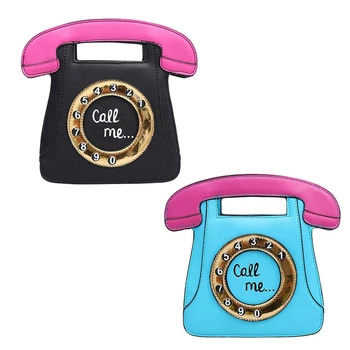 

2pcs Telephone Shaped Women Retro Cross Body Bag PU Leather Clutch Purse Chain Bag - Black+Pink & Blue+Pink