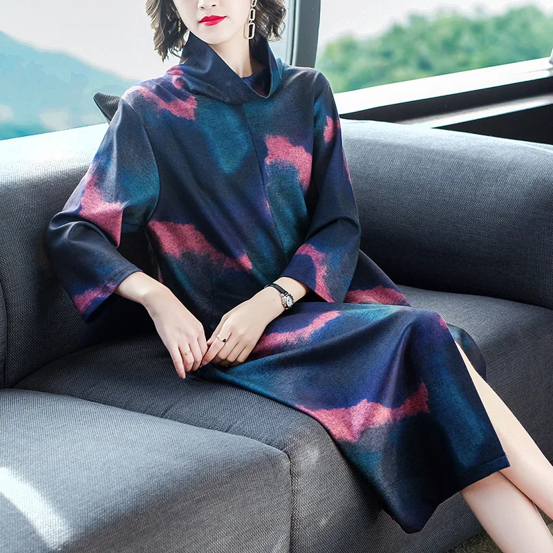 

2019 Autumn New Style Elegant Heap Collar Western Style Large Size Dress Women's Middle-aged Kuotaitai Mom Base Skirt
