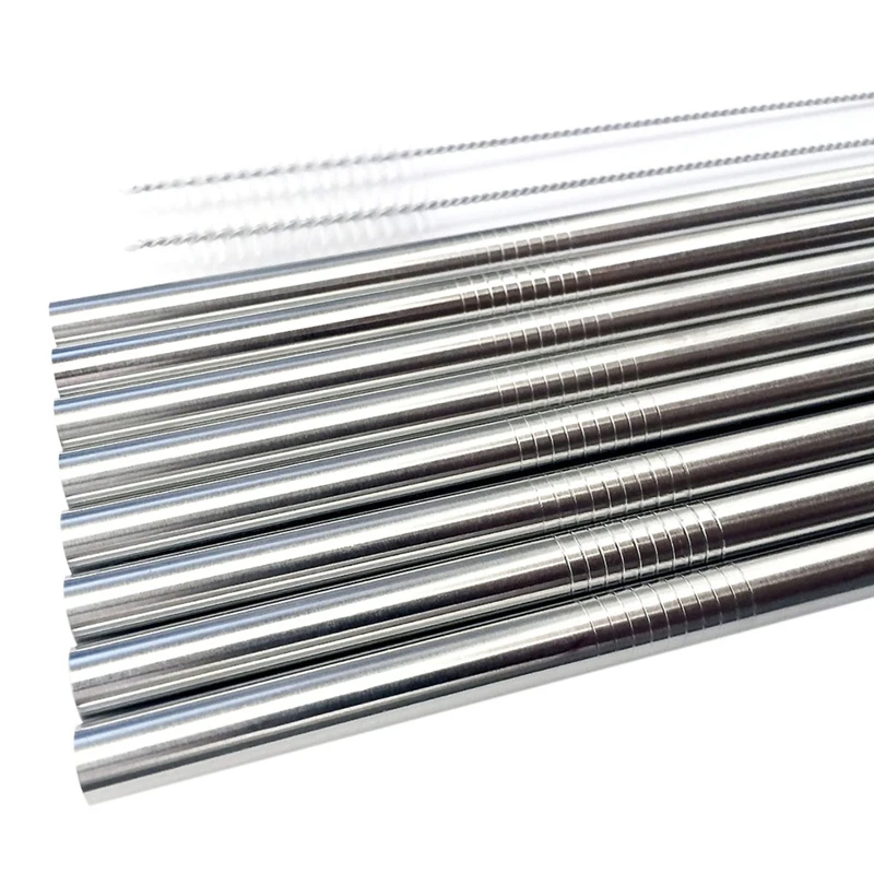8Pcs Stainless Steel Drinking Straw Reusable Straight Straws+ 2 Cleaner Brush Set