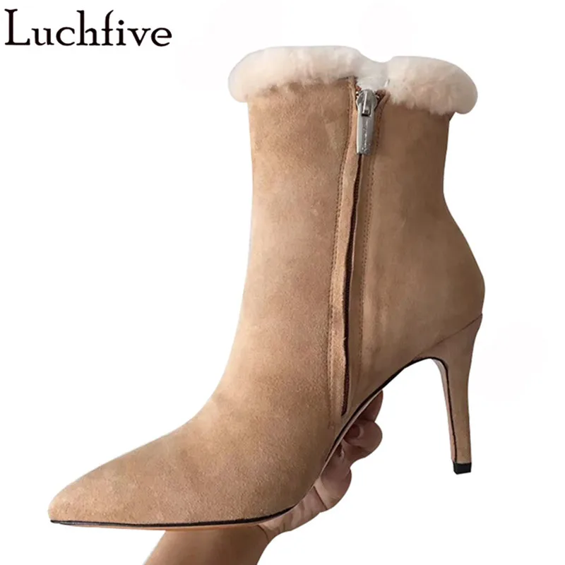 Wool High Heels Ankle Boots Pointy Toe Party Shoes Woman Sexy Zipper Suede Winter Boots Apricot Short Boots Women