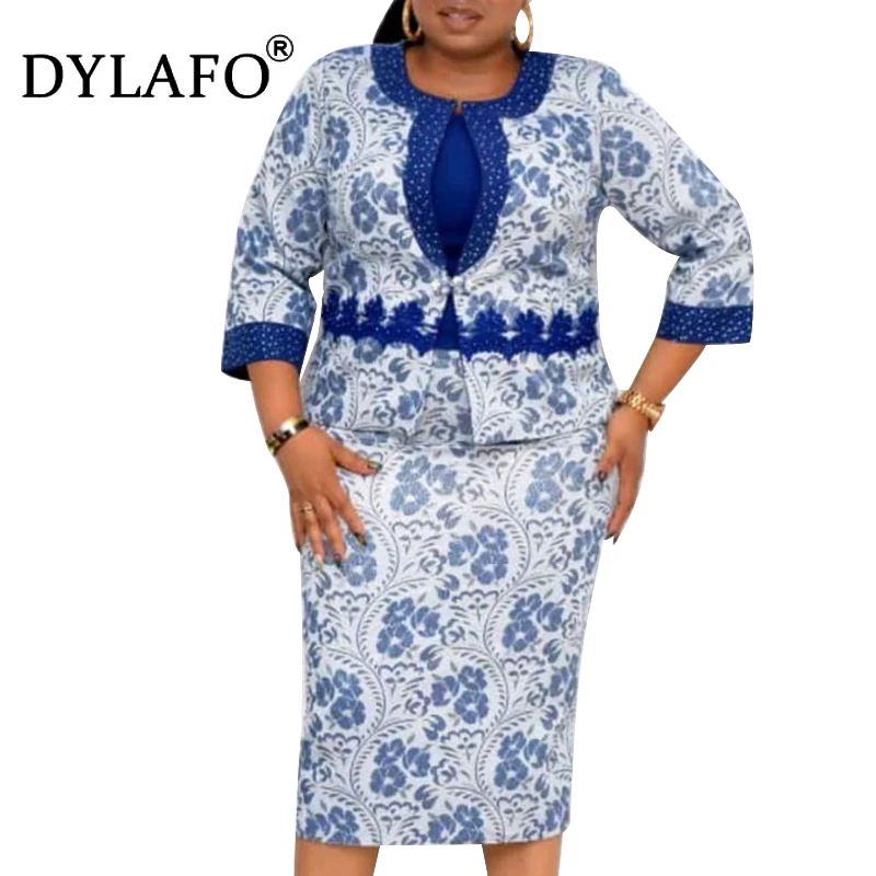 

2020 African Dashiki Print Sets For Women Big Elastic Autumn Dress Long Sleeve Coat + Knee Dresses Office Lady Fashion Clothing
