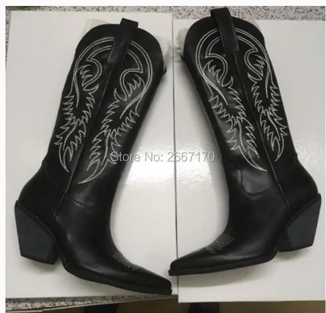 

Celebrity Same Style Fashion Boots Women Black Embroidered Cowboy Boots Slip On Cuben Heels Pointed Toe Booties Kendall Jenner