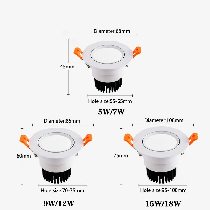 Dimmable Recessed LED COB Downlights 5W 7W 9W 12W 15W 18W LED Ceiling Spot Lights AC110/220V Hotel office home Indoor Lighting