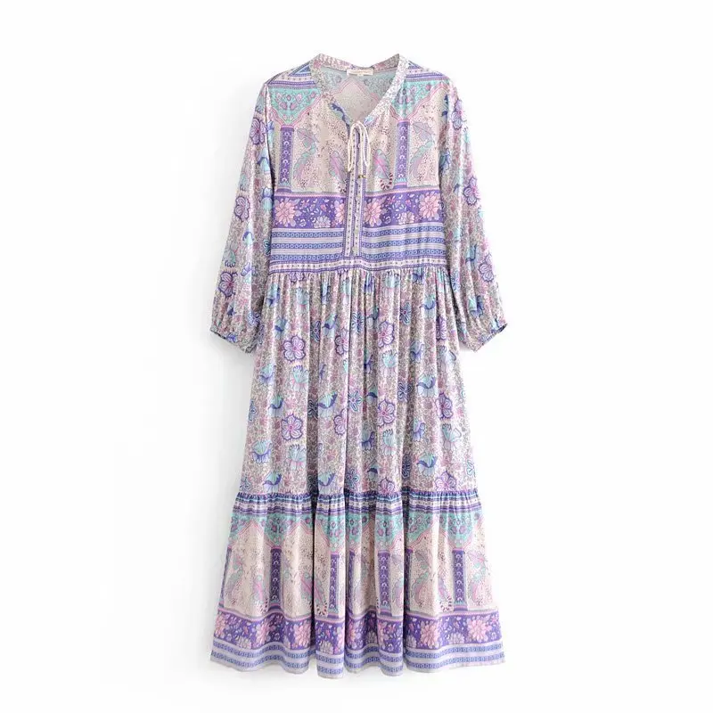 

Western Style 2019 Spring New Style WOMEN'S Dress Versatile Lilacs Positioning Printed Lace-up Long Sleeve Loose-Fit Large Long
