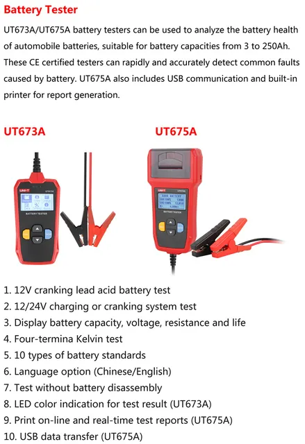 UNI-T UT675A UT673A Digital Display Battery Tester 12V/24V