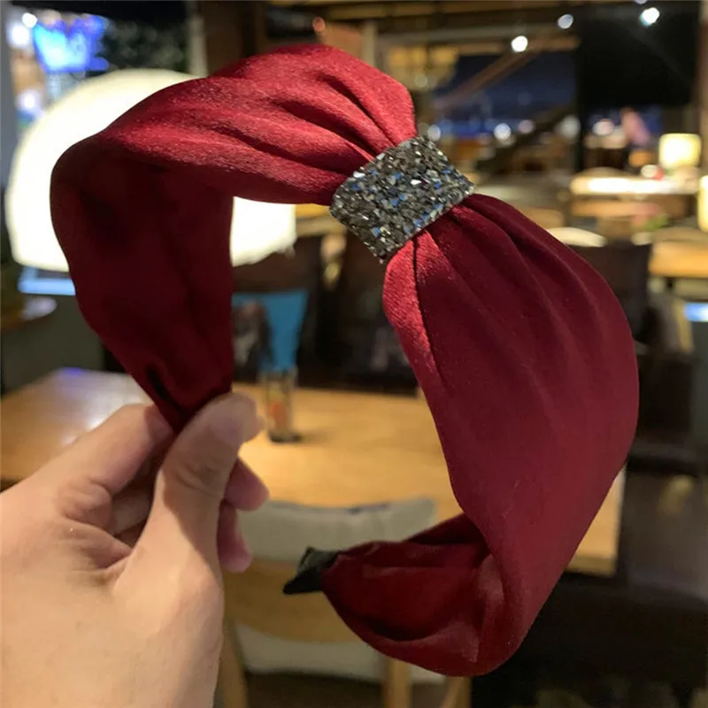 Imixlot New Wide Crystal Headband for Women Solid Color Matte Satin Hair Accessories Adults Rhinestone Hoop Party Headwear |