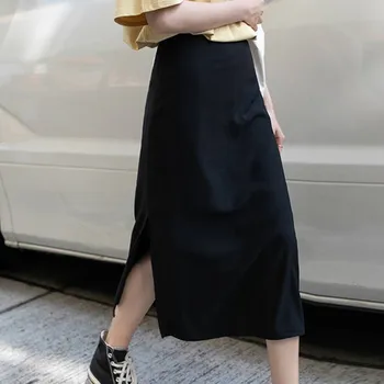 

Summer Streetwear Fashion High Waist Casual Woman Skirt Office Ladies Midi Skirts Black Solid Split Sexy Skirt