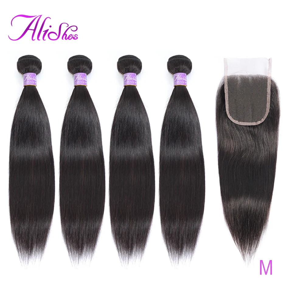 Aliles 4 пучка прямых волос с закрытием кружева перуанские пучки 100% человеческие