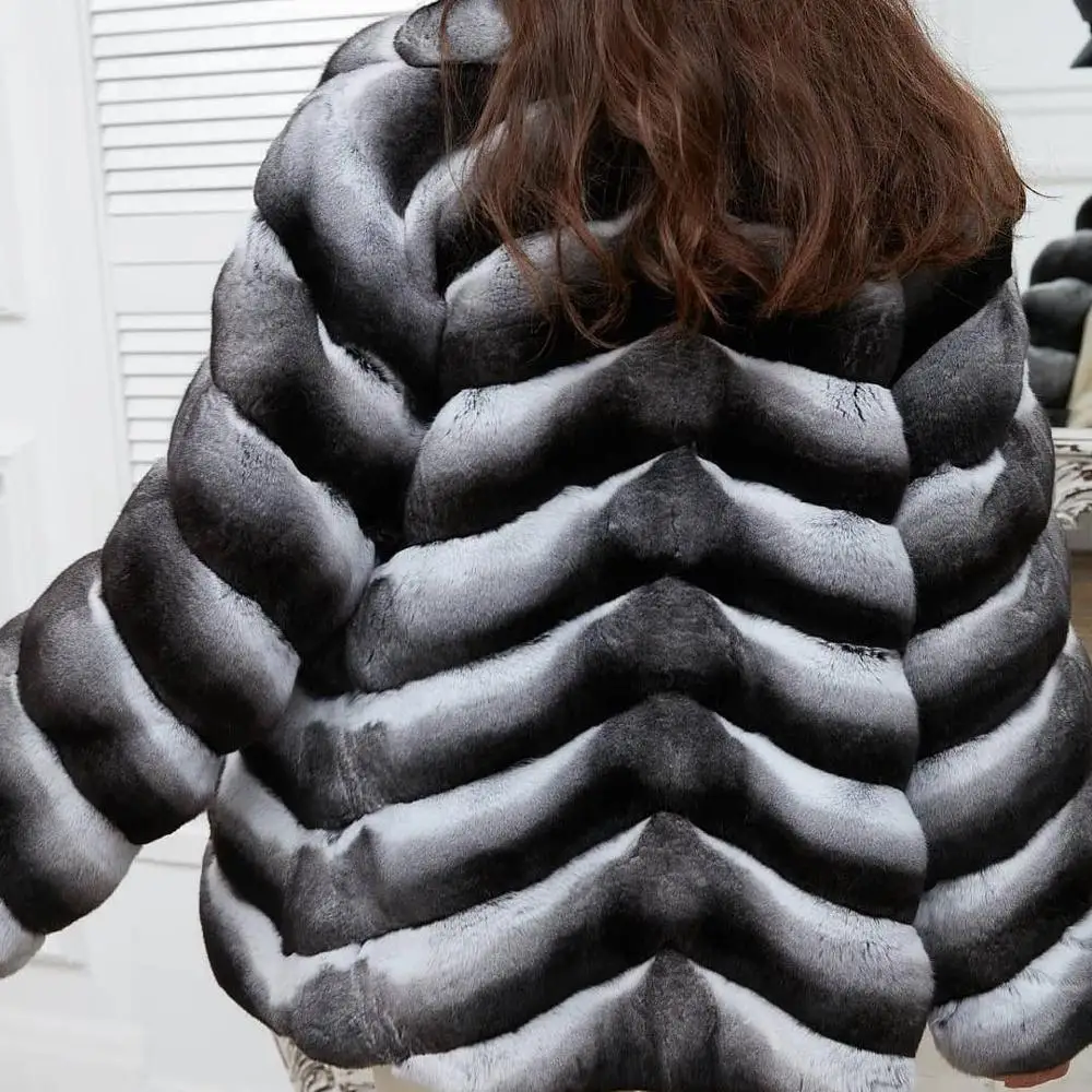 Woman Fashion Medium Length Real Rex Rabbit Fur Jacket with Lapel Collar Natural Women Genuine Rex Rabbit Fur Coats High Quality