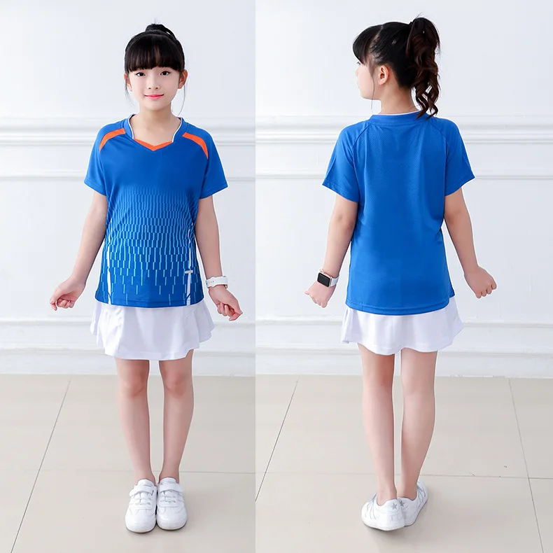 girls blue set Детская Молодежная рубашка для бадминтона, костюм с юбкой для мальчиков и девочек, дышащая футболка для бега, настольного тенниса, тренировочная командная форма, комплект спортивной одежды - Цвет: girls blue set