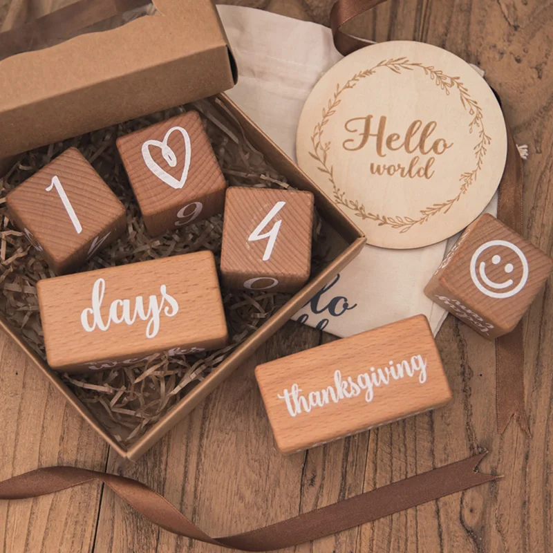 1Set Baby Milestone Cards Wooden Block With Box Commemorate Baby Birth Photography Prop Block Newborn Photography Props Set wooden milestone cards,newborn photography props