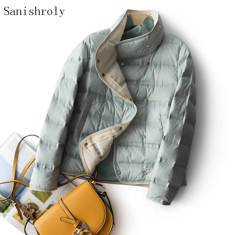 

2021 осень-зима тонкий и светильник Белое пуховое пальто женские повседневные свободные со стоячим воротником короткая куртка дамы карманы парка Basic