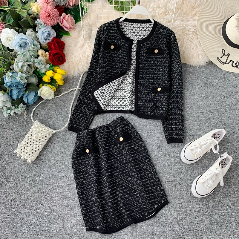 ALPHALMODA осень OL модный вязаный кардиган+ мини юбка 2 шт костюм женский однобортный вязаный жакет+ юбка комплект