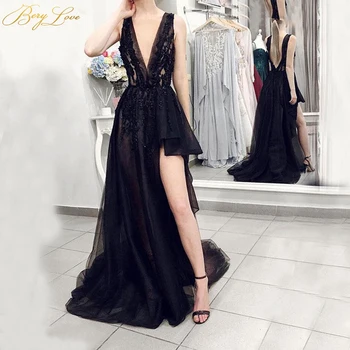 

Sexy Long Evening Dress 2020 Black Custom Made Lace Appliques Bead Formal Evening Gown Slit Pluging V Neck Prom Party Dresses