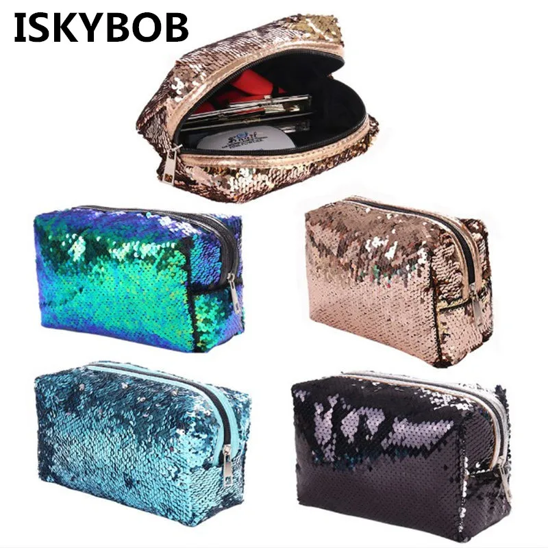 ISKYBOB блестками косметички двойной Цвет блестками сумочка, косметичка для макияжа Для женщин сумки-клатчи для вечеринок