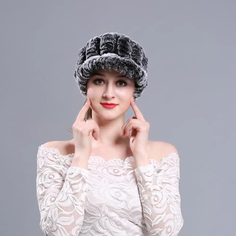 Winter Fashion Knit Real Fur Hats Women Warm Skullies Beanie ski snow - Цвет: Black